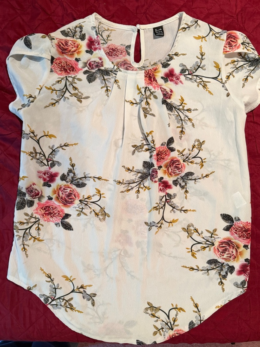 Floral Short Sleeve Blouse - White with Pink Roses